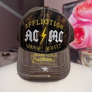 Affliction AC/DC Trucker Hat Distressed Rock Graphic Cap Brown Adjustable
